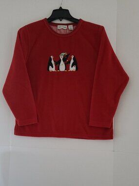 CATHY DANIELS RED FLEECE CHRISTMAS PULLOVER WITH PENGUINS SIZE L